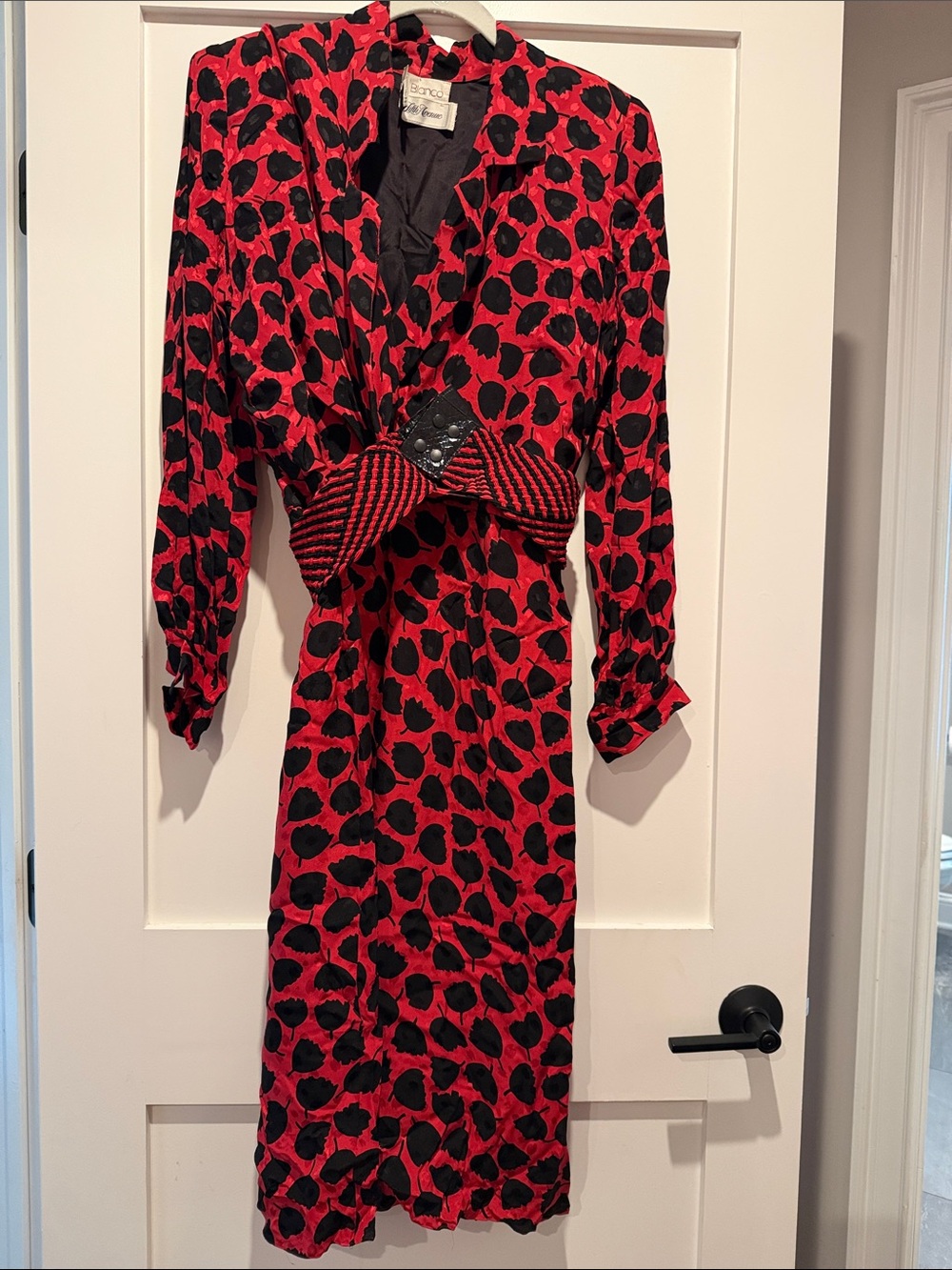 Vintage Raul Blanco Red and Black Polka Dot Midi Dress with Striped Waist Accent